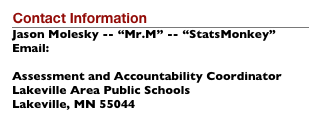 Contact Information
￼
Jason Molesky -- “Mr.M” -- “StatsMonkey”
Email: statsmonkey@mac.com
Assessment and Accountability Coordinator
Lakeville Area Public Schools
Lakeville, MN 55044 